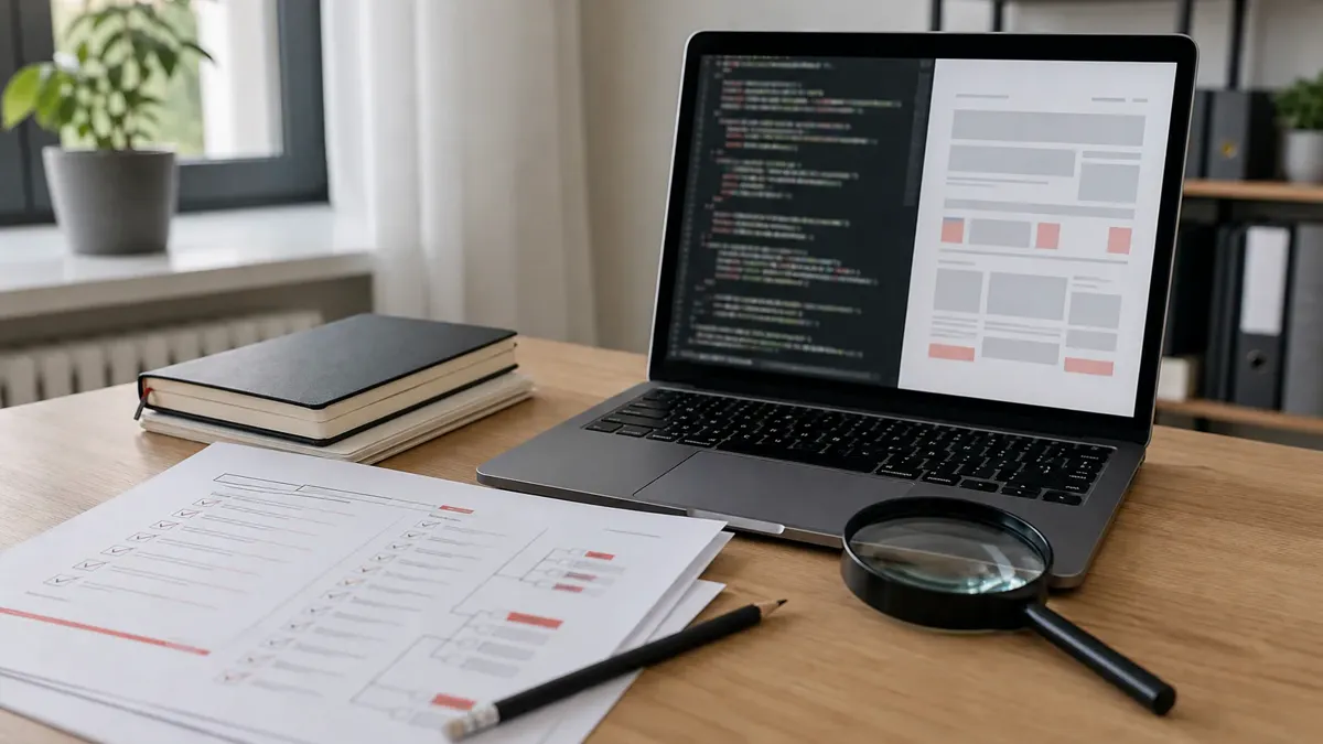 Techninio SEO audito darbo vieta su svetainės schema, kontroliniu sąrašu ir didinamuoju stiklu